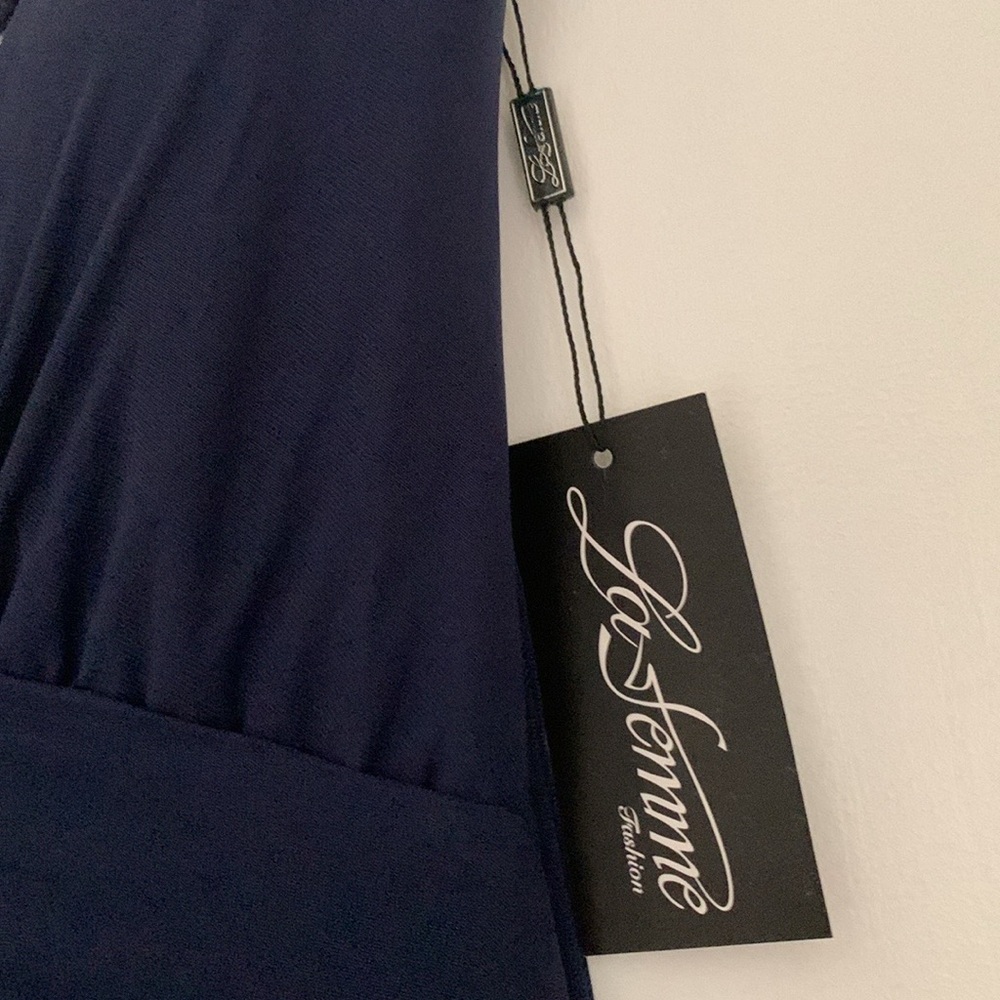 La Femme Navy Blue Backless Spaghetti-Strap Evening Gown - Picture 6 of 8